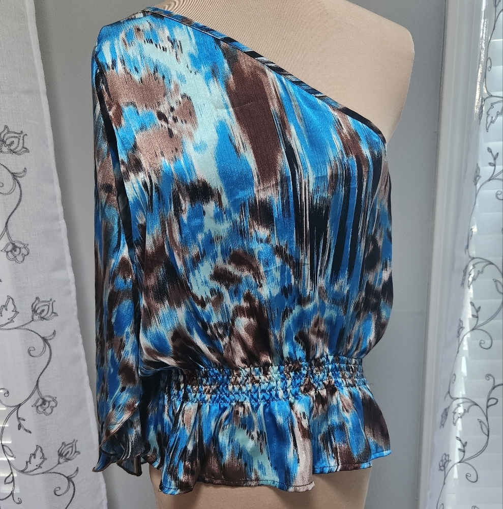 Dots M Top One Shoulder Kimono Sleeve Band Ruch Hem Blue Brown Black